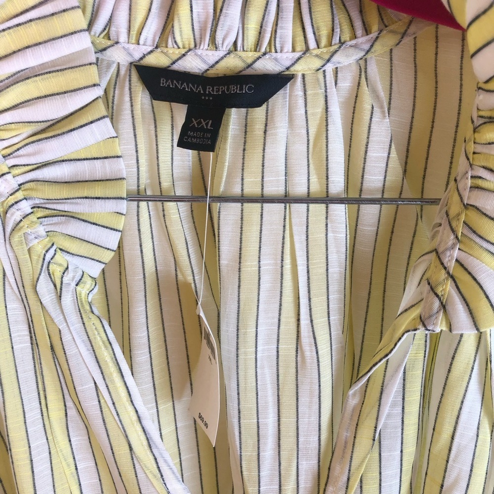Banana Republic White Yellow Striped Short Sleeve Ruffle Collar V-Neck Blouse - Picture 5 of 9